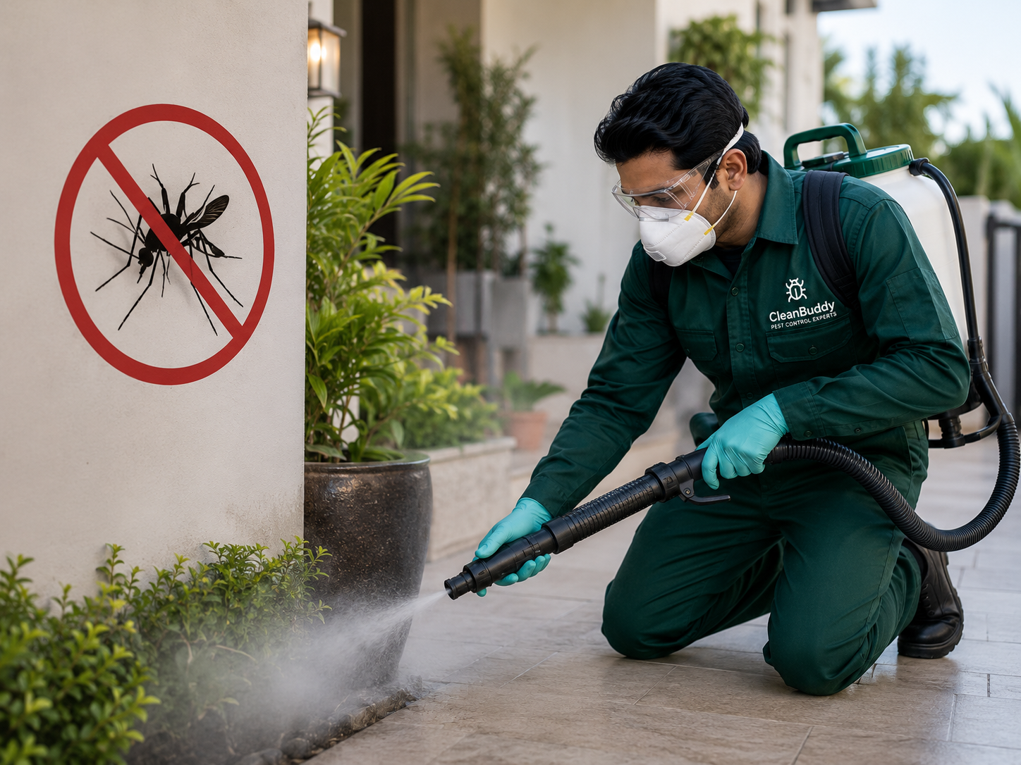 Technician performing mosquito control treatment outdoors near plants
