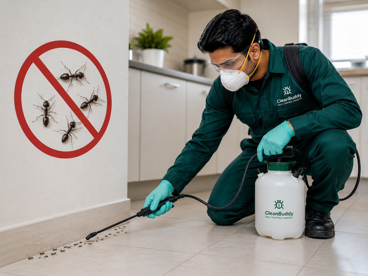 Technician applying ant control treatment along a floor edge inside a clean home