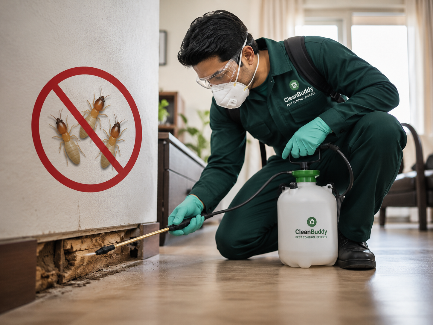 Technician carrying out termite control treatment near a damaged wall inside a home