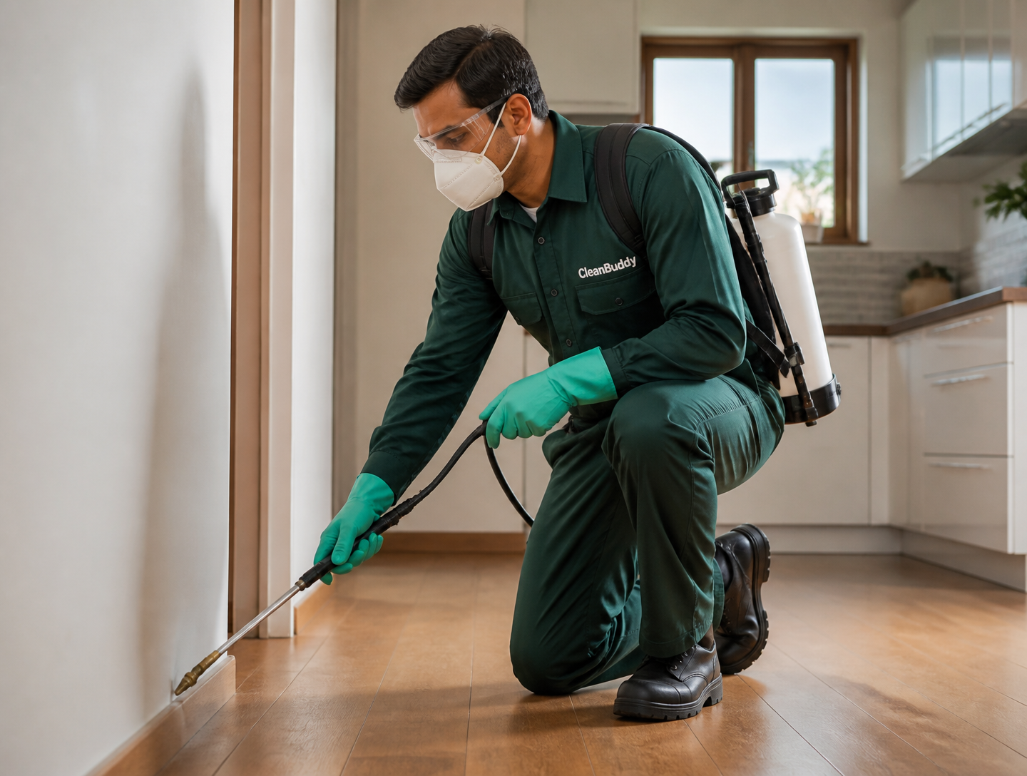 Professional pest control technician spraying inside a modern home