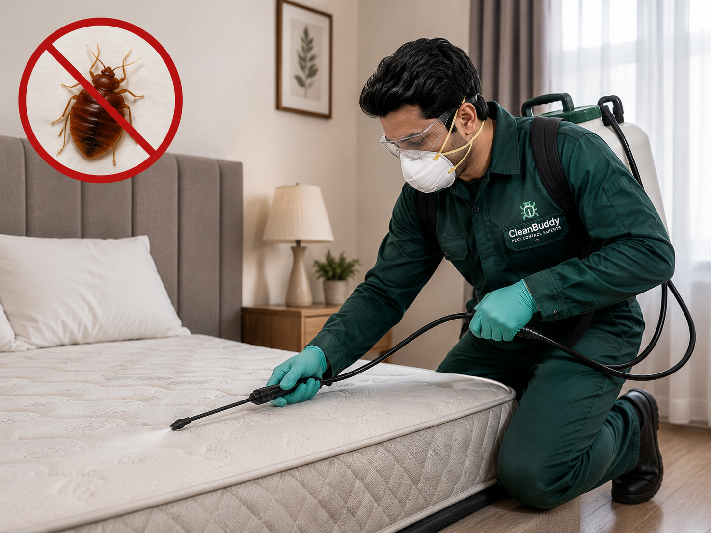 Technician treating a mattress during a bed bug treatment service